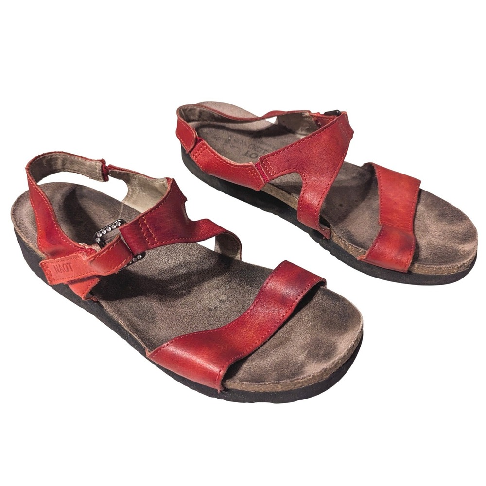 Naot Pamela Kiss Red Leather Comfort Sandals Rhinestone Hook Loop EU 38 US 7-7.5